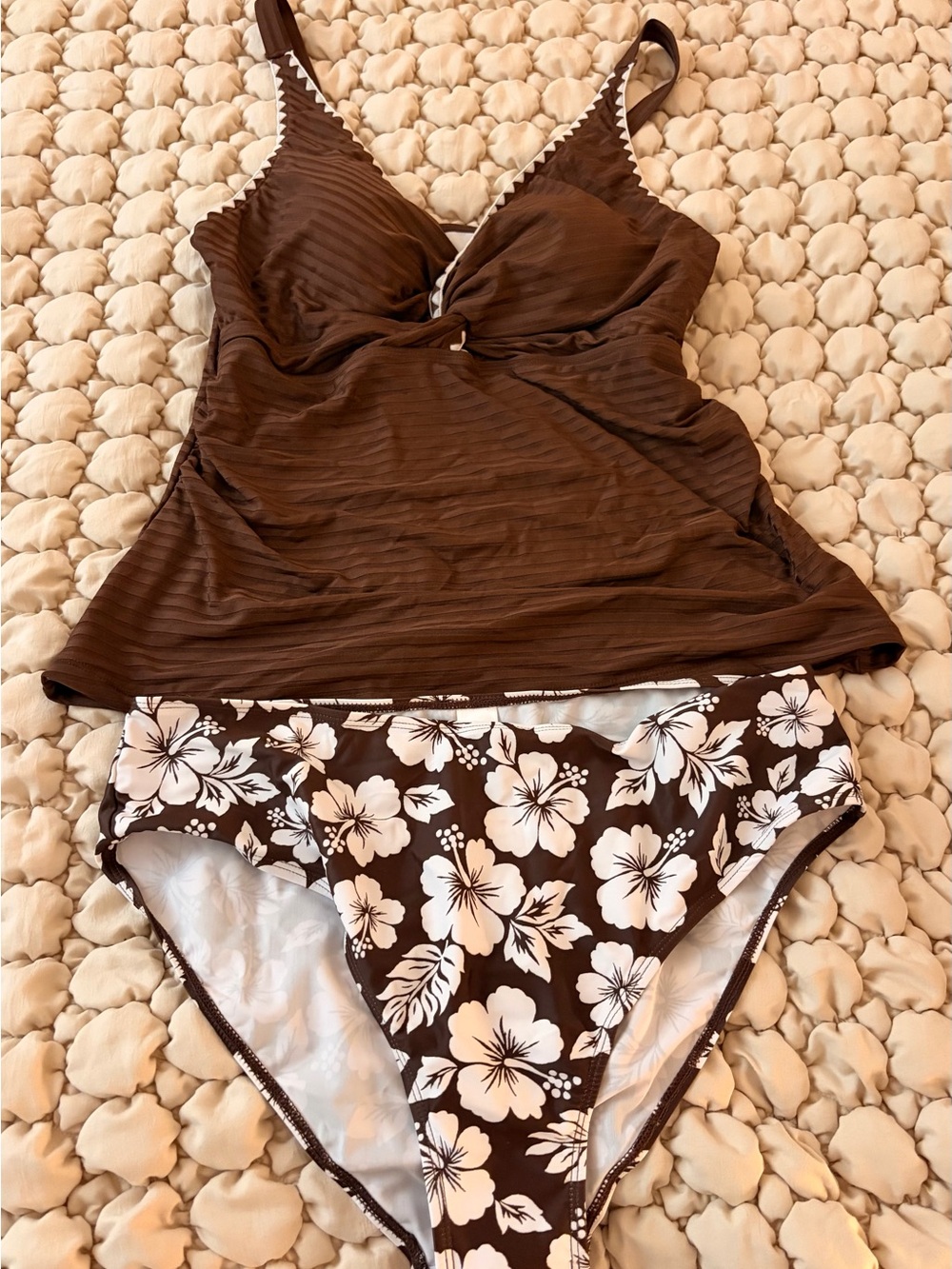 Women's Brown Floral Tankini Bikini Set - Brown/White